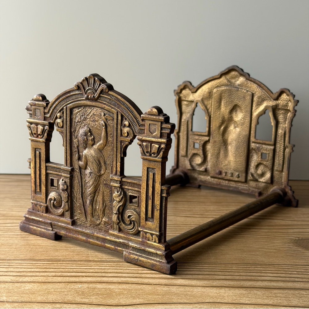 Antique Art Nouveau Victorian Brass Finish Lady With Bird Expandable Book Rack
